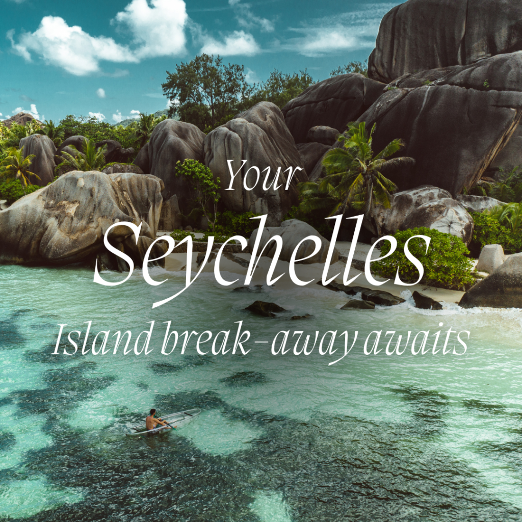 Your Seychelles holiday packages await, featuring a serene beach with granite rocks and turquoise waters