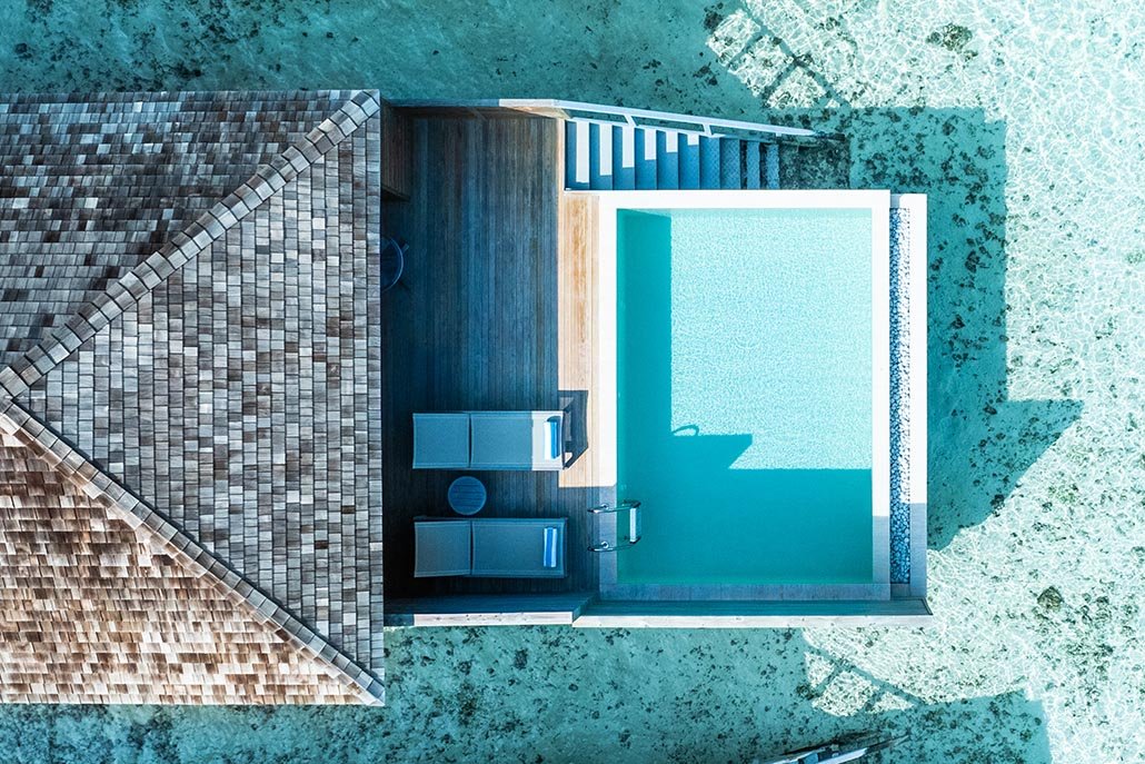 Aerial view of a private pool at Jawakara Dheru Island villa