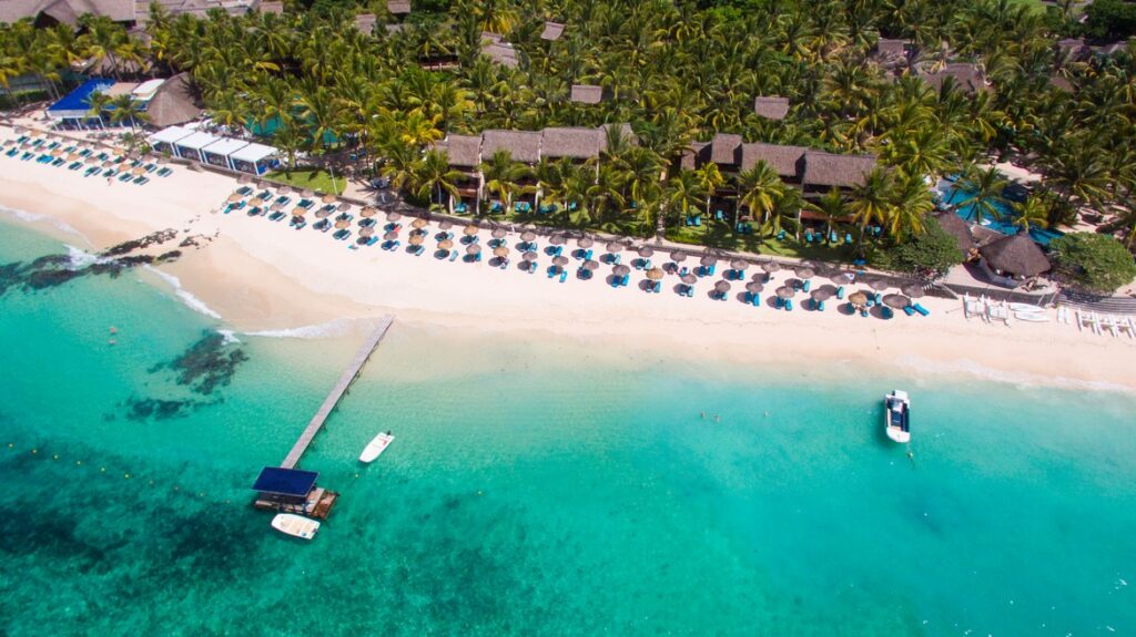 Aerial view of the beach at Constance Belle Mare Plage