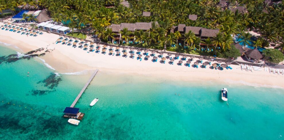 Aerial view of the beach at Constance Belle Mare Plage