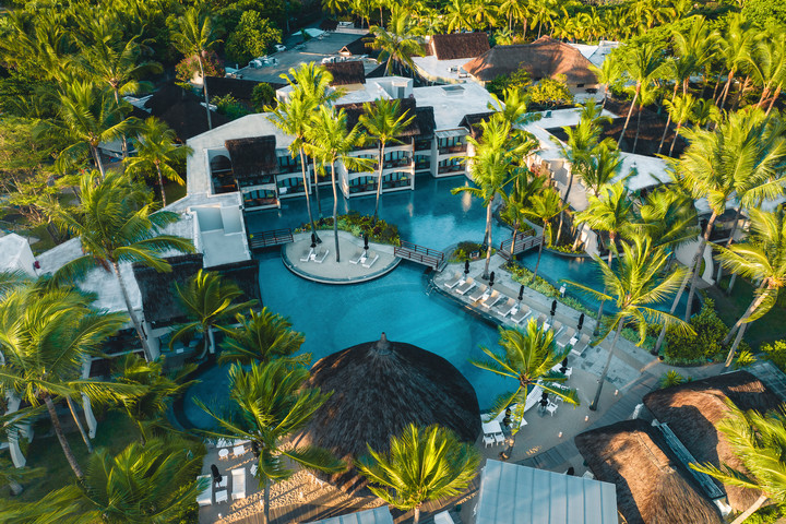 Aerial view of the main pool area at Constance Belle Mare Plage