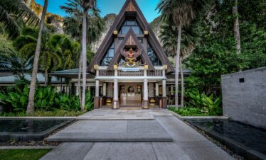 Entrance to Centara Grand Beach Resort with traditional architecture