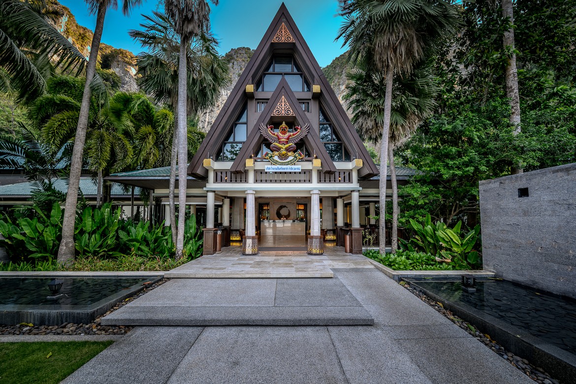 Entrance to Centara Grand Beach Resort with traditional architecture