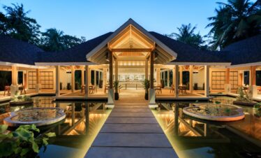 Evening view of Dhigali entrance with reflecting ponds