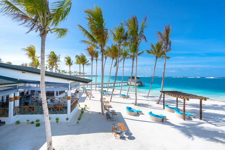 Joy Island beachfront dining area with palm trees