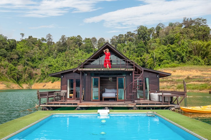 Luxury villa with rooftop deck and private pool at 500Rai Floating Resort on a scenic lake