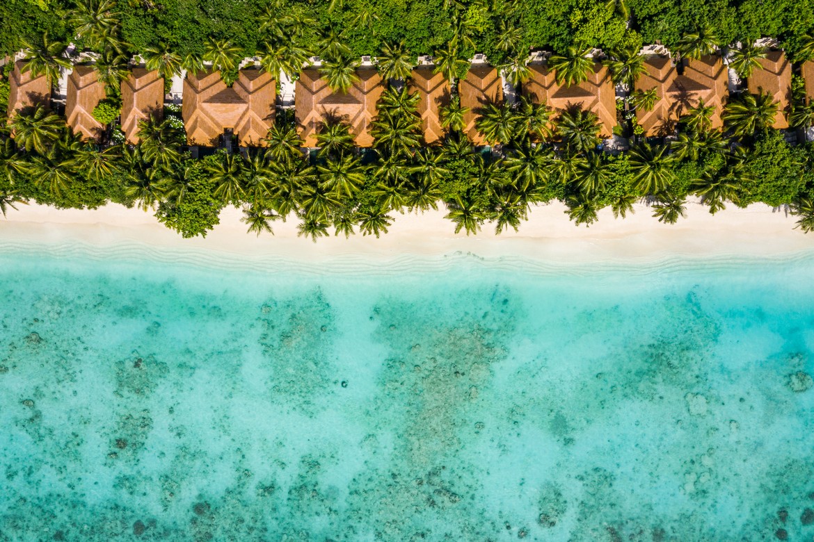 Overhead shot of beachfront villas at Ayada Maldives nestled among palm trees along the shoreline