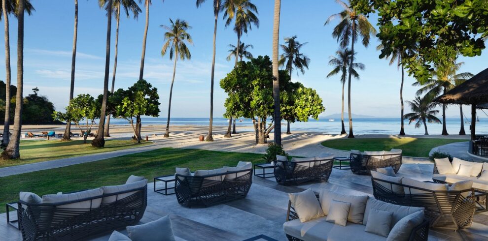 Palm trees and ocean view from lounge area at Saii Phi Phi Island Village