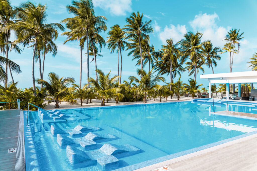 Poolside area with palm trees and loungers at Riu Palace