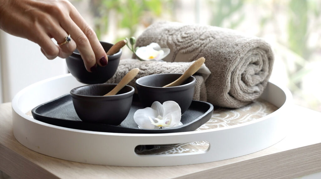 Spa tray with towels and bowls at Riu Atoll offering relaxation and wellness amenities