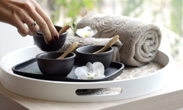 Spa tray with towels and bowls at Riu Atoll offering relaxation and wellness amenities