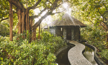 Sun Siyam Iru Fushi spa with a peaceful garden pathway surrounded by lush greenery