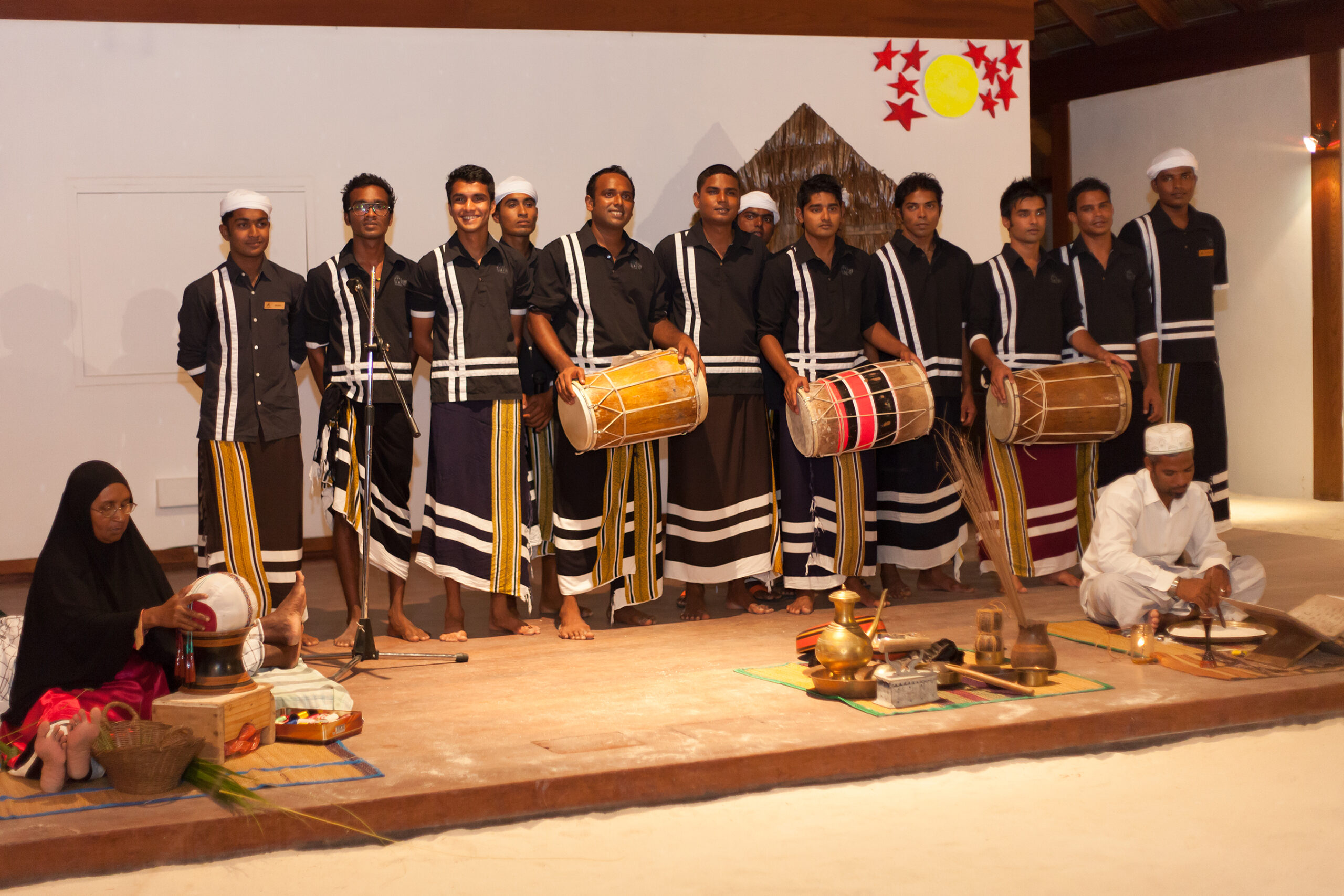 Traditional Maldivian drummers performing at Vilamendhoo showcasing the local culture and music