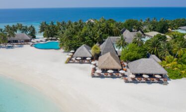 Beachfront pool and palm trees at Veligandu island resort