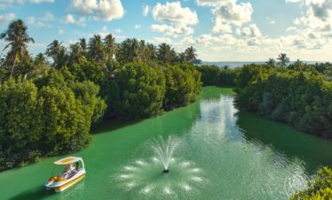 Kandima paddle boats on lush mangrove canal with fountain