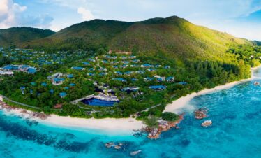 Aerial shot of Raffles Praslin villas in lush greenery