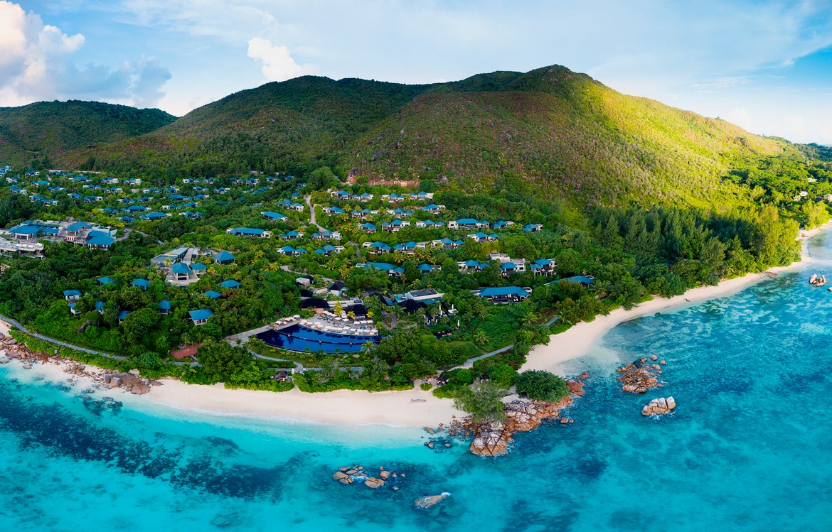 Aerial shot of Raffles Praslin villas in lush greenery
