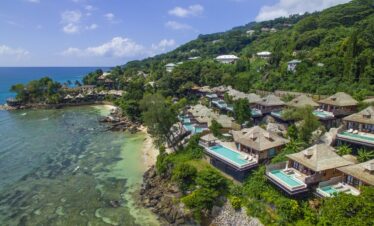 Aerial view of Hilton Seychelles Northolme Resort beachfront villas