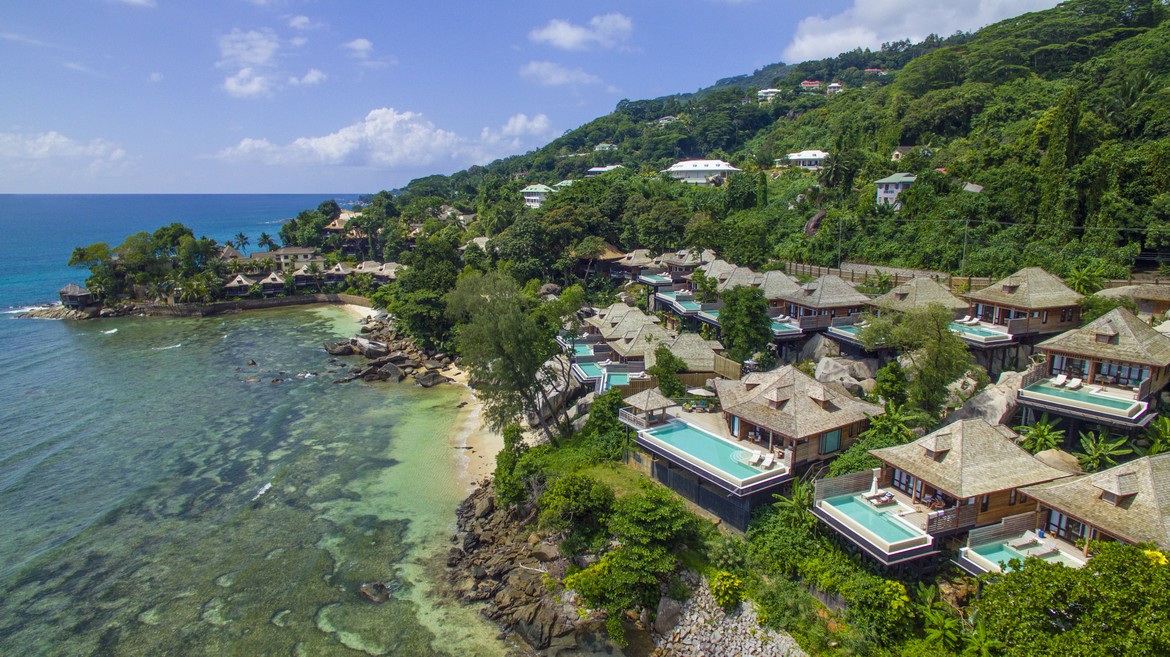 Aerial view of Hilton Seychelles Northolme Resort beachfront villas