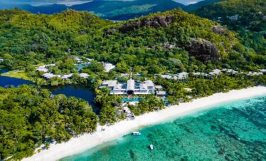 Aerial view of Kempinski Seychelles Resort on Baie Lazare Beach