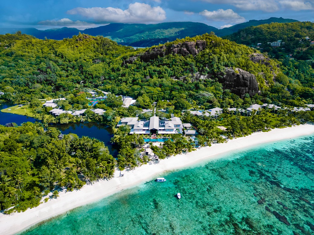 Aerial view of Kempinski Seychelles Resort on Baie Lazare Beach