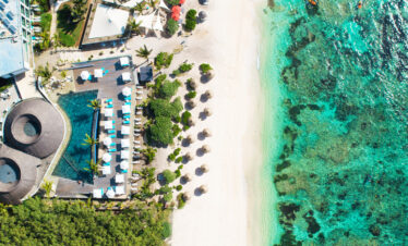 Aerial view of Radisson Blu Poste Lafayette Resort pool and beach