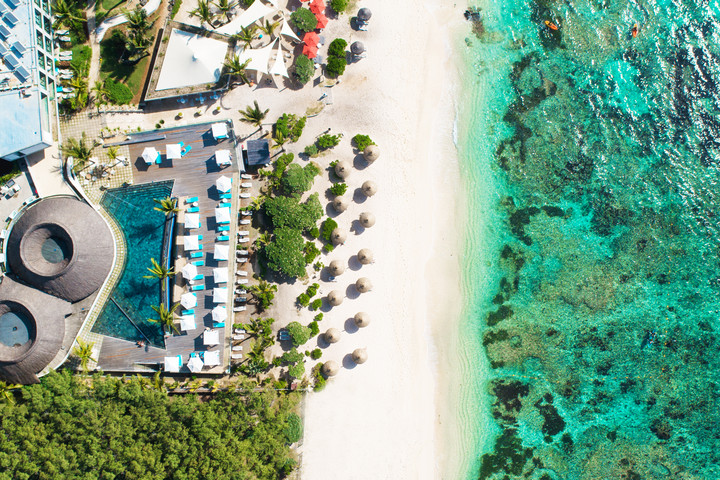 Aerial view of Radisson Blu Poste Lafayette Resort pool and beach