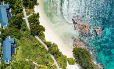 Aerial view of Raffles Praslin beach and turquoise sea