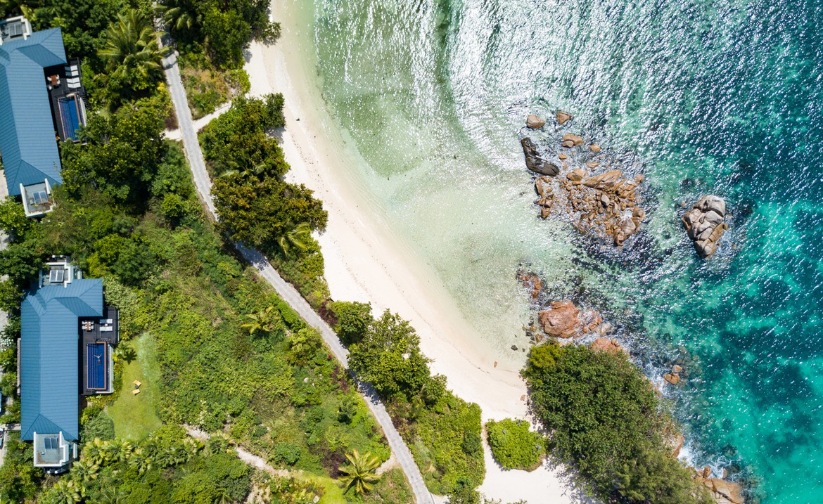 Aerial view of Raffles Praslin beach and turquoise sea
