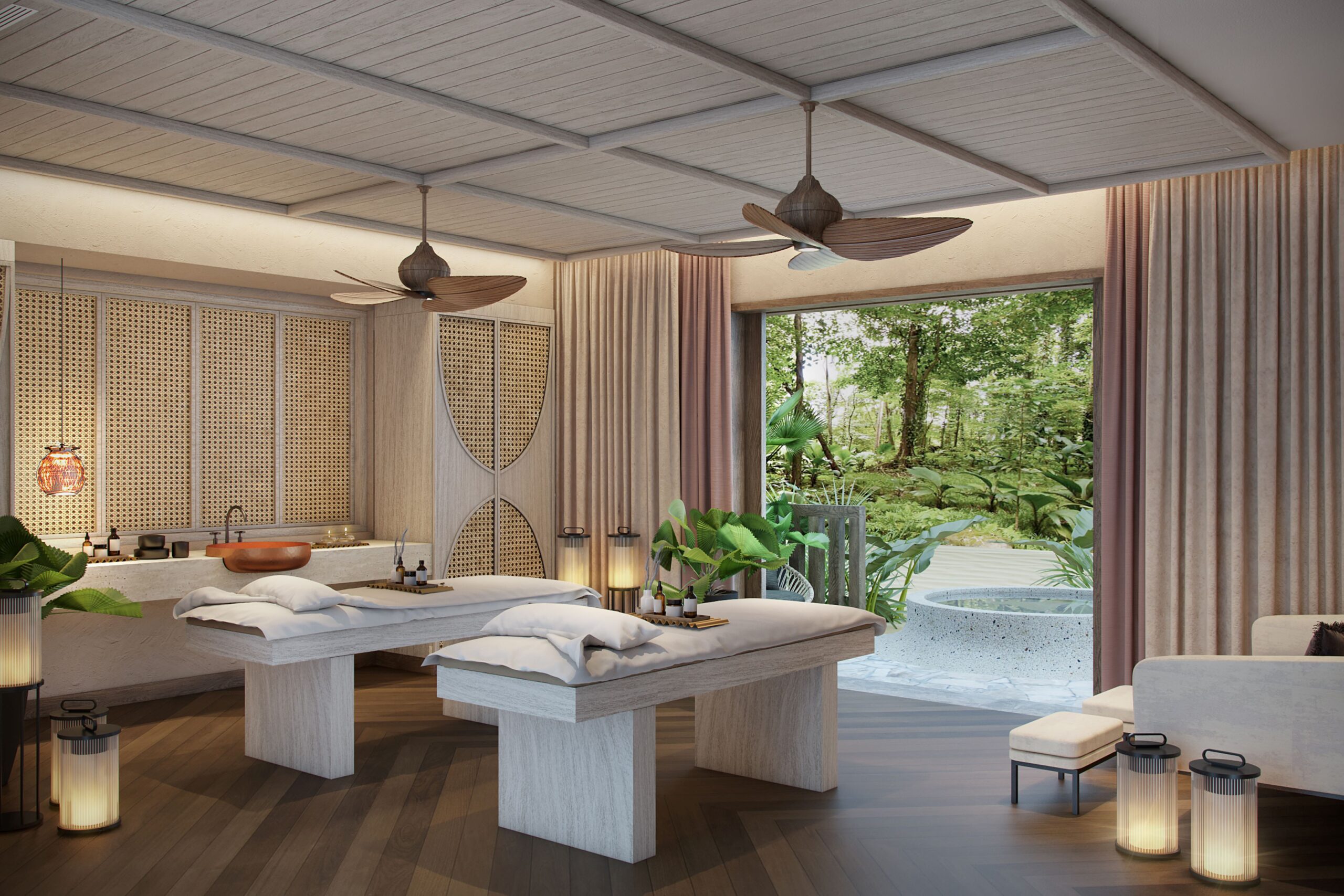 Canopy by Hilton spa room with massage tables and garden view