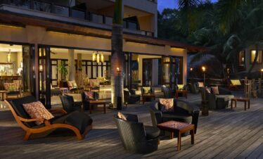 Cozy outdoor lounge at Doubletree by Hilton with warm lighting