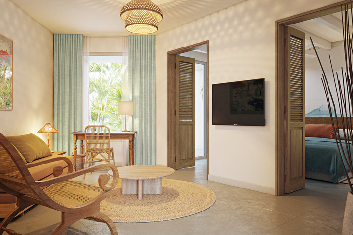 Cozy suite at Veranda Grand Baie featuring a living room with wooden furniture