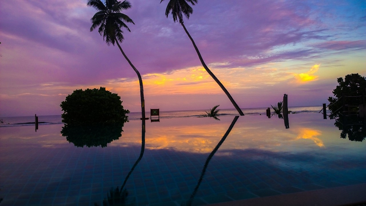 Doubletree by Hilton infinity pool reflecting a sunset sky
