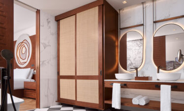 Luxurious bathroom design at Nirvana at Le Meridien Ile Mauritius featuring modern amenities