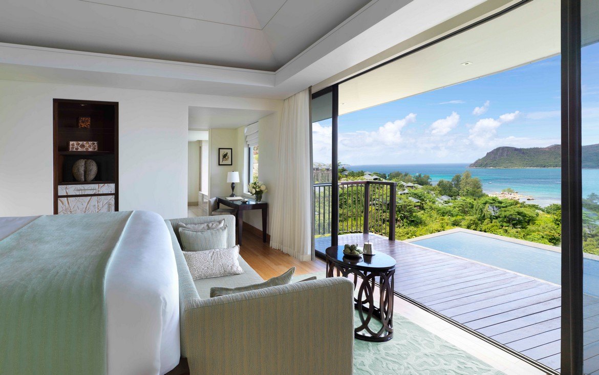Luxurious suite at Raffles Praslin overlooking the ocean