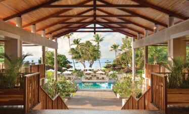 Open air lobby with ocean view at Kempinski Seychelles Resort