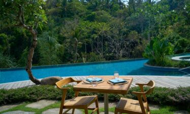 Poolside dining at The Westin Resort and Spa Ubud with jungle views