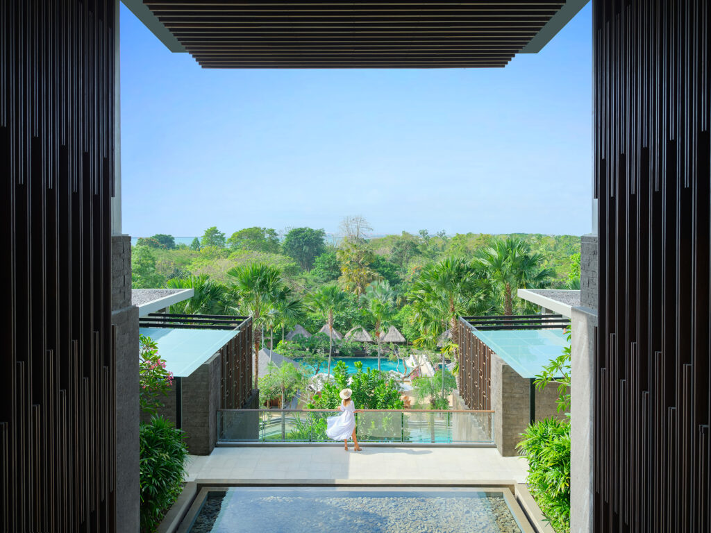 Scenic balcony at MOVENPICK JIMBARAN overlooking lush tropical gardens