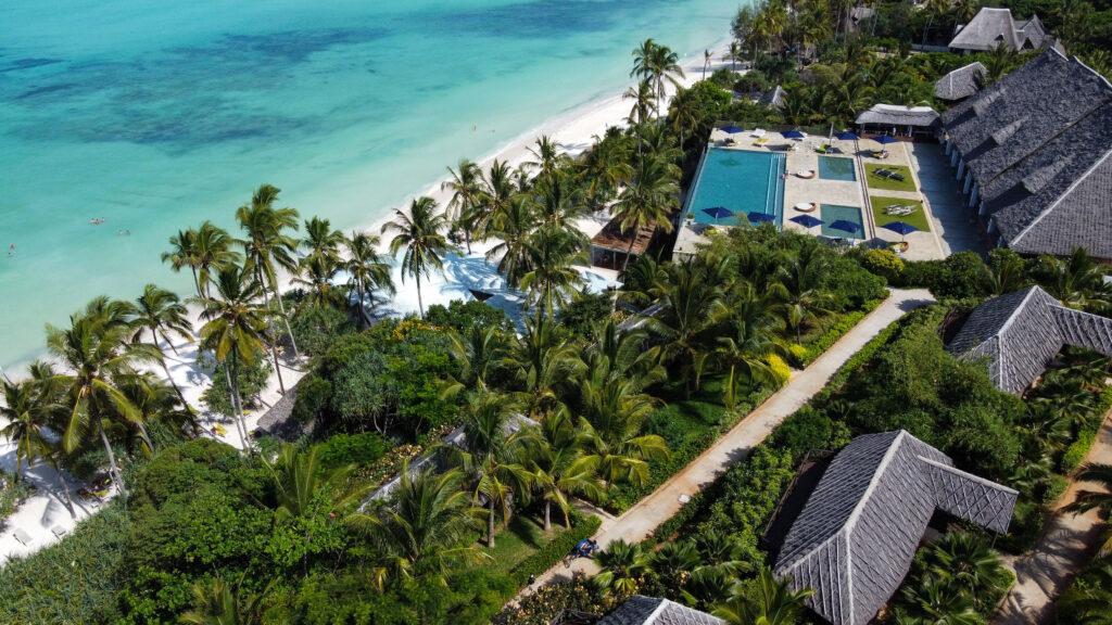 Aerial view of Melia Zanzibar with beachfront villas and lush gardens