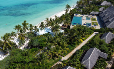 Aerial view of Melia Zanzibar with beachfront villas and lush gardens