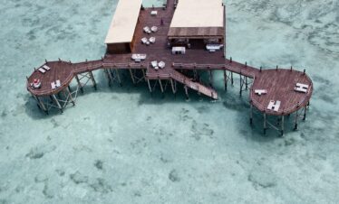 Aerial view of the jetty at Essque Zalu Zanzibar over turquoise waters