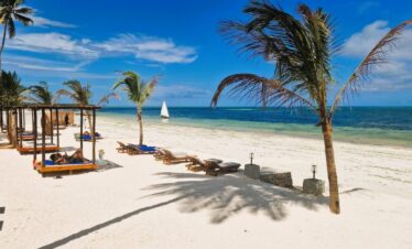 Dream of Zanzibar beachfront with sunbeds and swaying palm trees