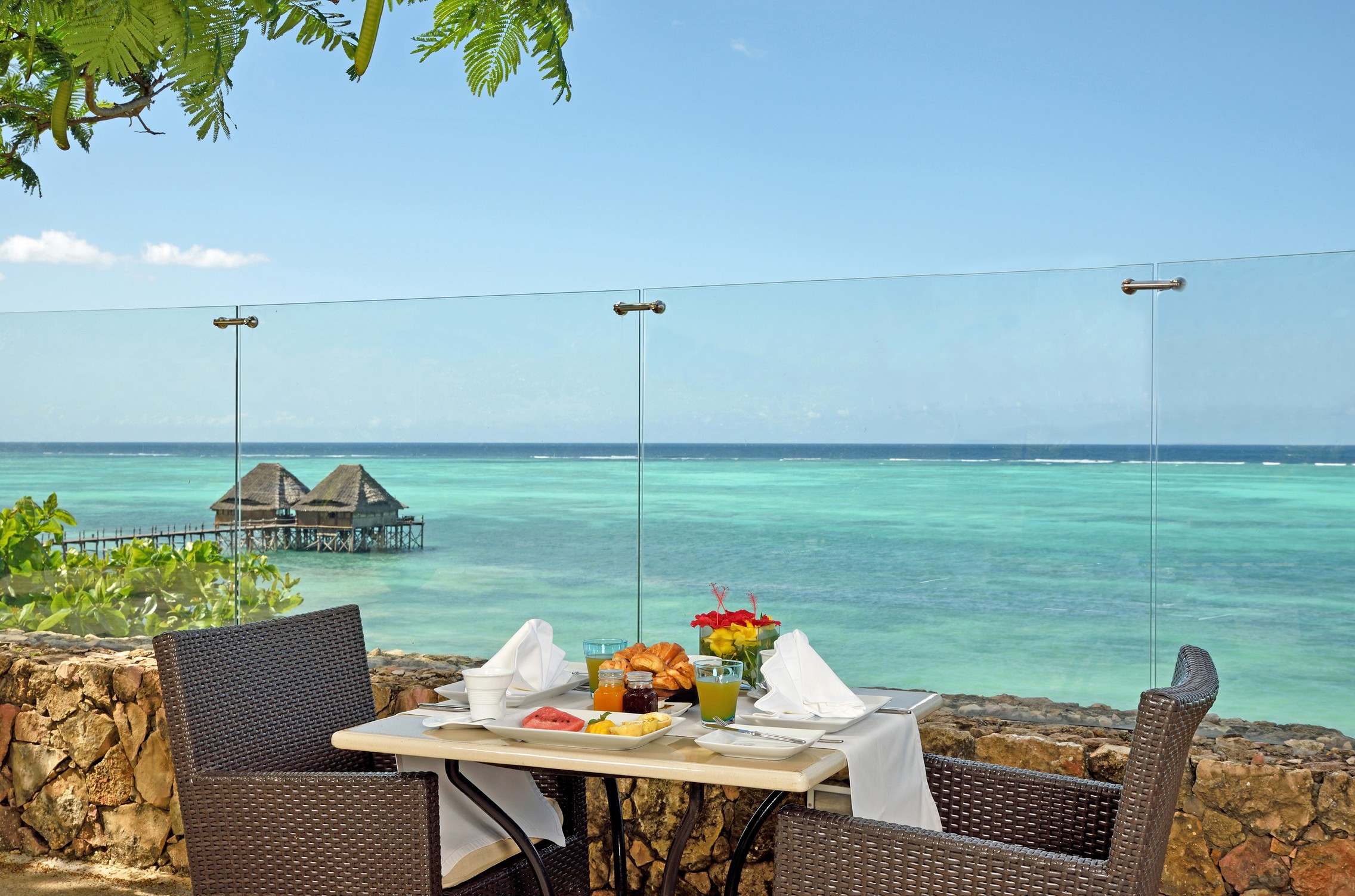 Oceanfront breakfast at Melia Zanzibar with turquoise waters in view