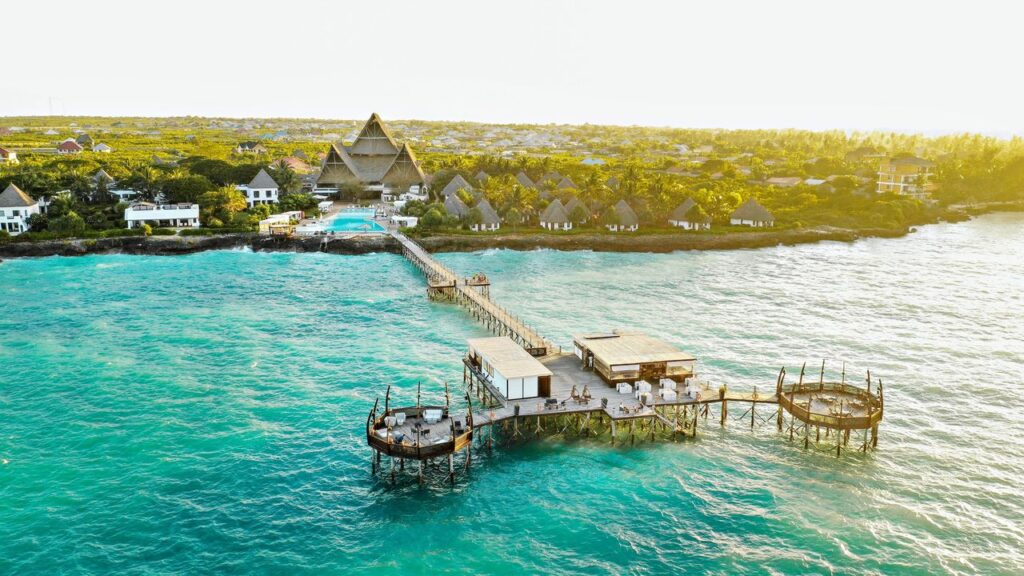 Panoramic view of Essque Zalu Zanzibar with its iconic jetty and lush gardens
