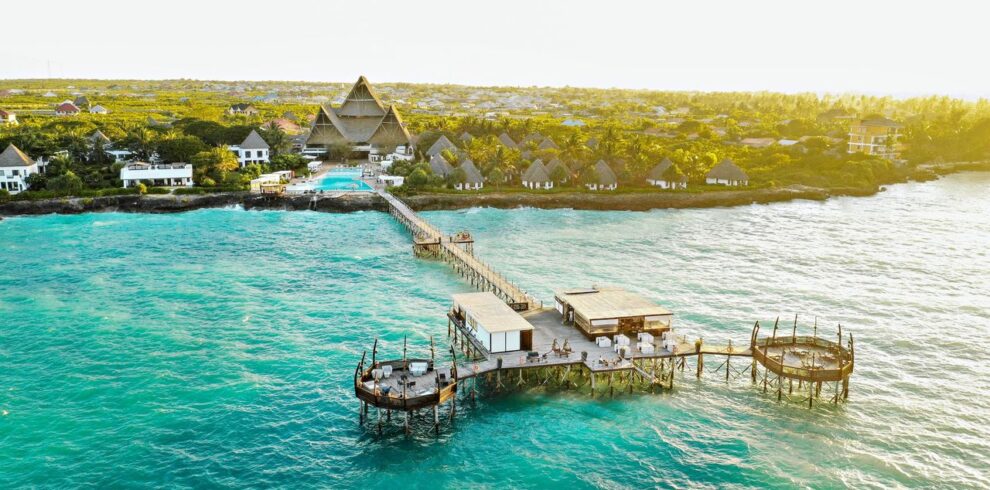 Panoramic view of Essque Zalu Zanzibar with its iconic jetty and lush gardens