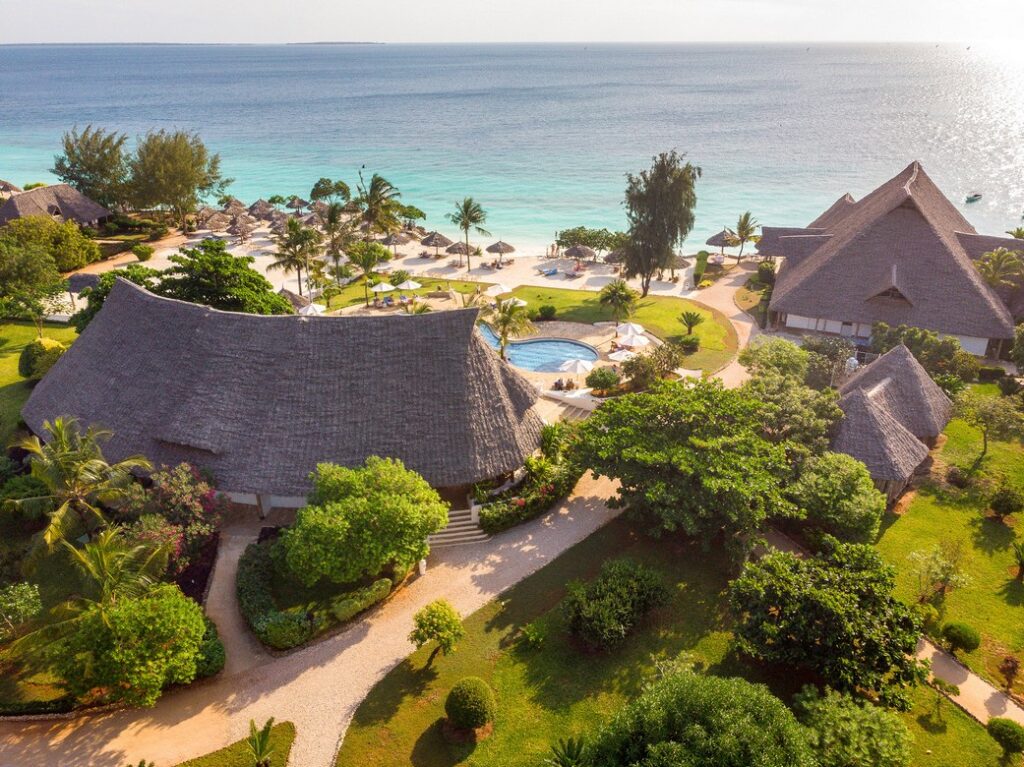Sandies Baobab Beach Resort aerial view of lush gardens and beachfront villas