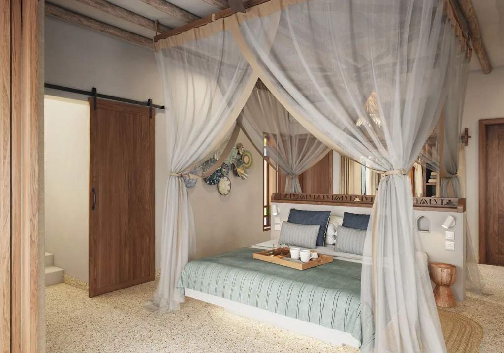 Bedroom interior at Matemwe Attitude Zanzibar with canopy bed