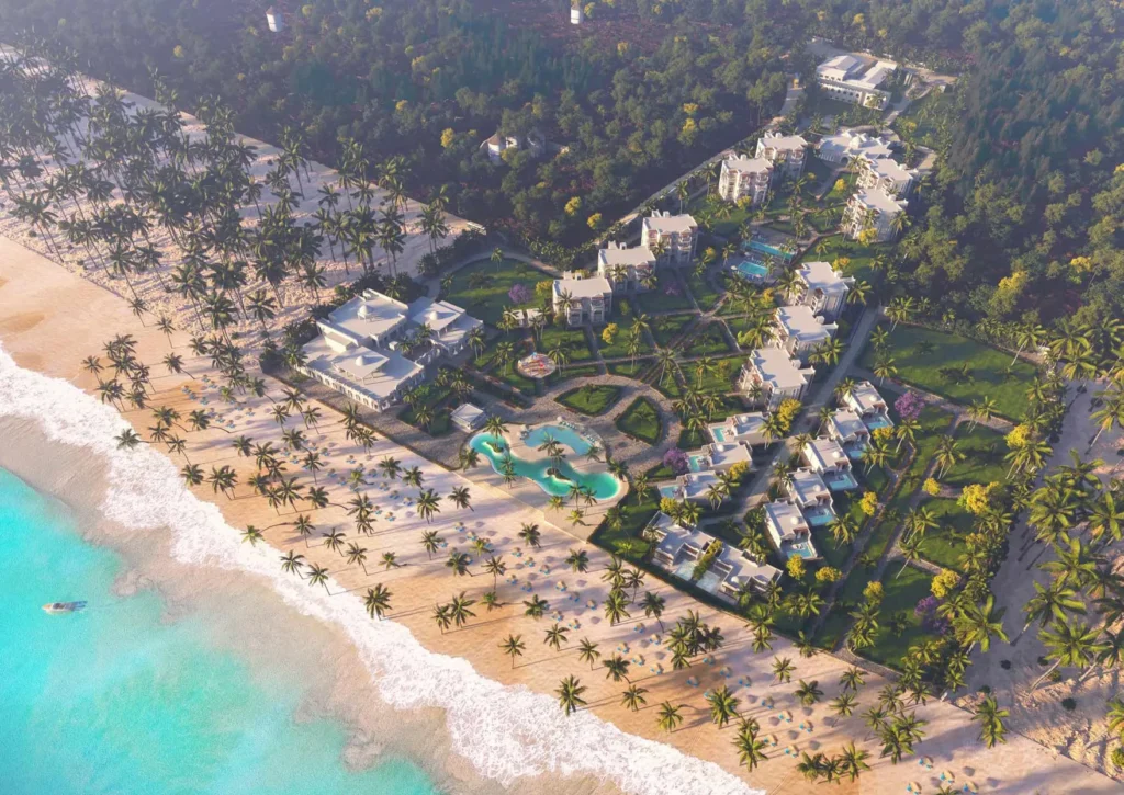 Diamonds Bijoux Zanzibar beachfront aerial view with palm trees and villas