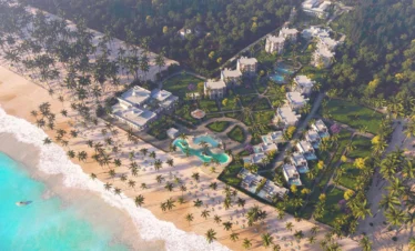 Diamonds Bijoux Zanzibar beachfront aerial view with palm trees and villas